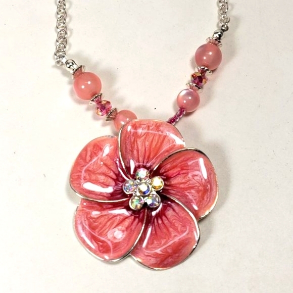 Ballet Jewelry - Polished 16 inches Silver tone Chain Pink Flower Crystal Pendant Beaded Necklace